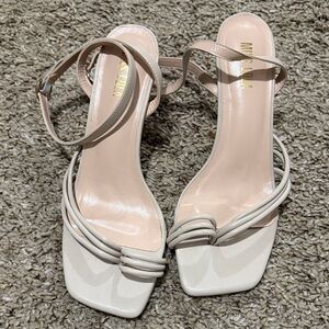 Miss Lola Strappy Square-Toe Ankle Strap Sandals in Light Beige